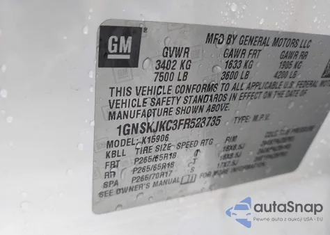 2015 Chevrolet Suburban 1500 Lt z USA, uszkodzony, nr VIN 1GNSKJKC3FR523735